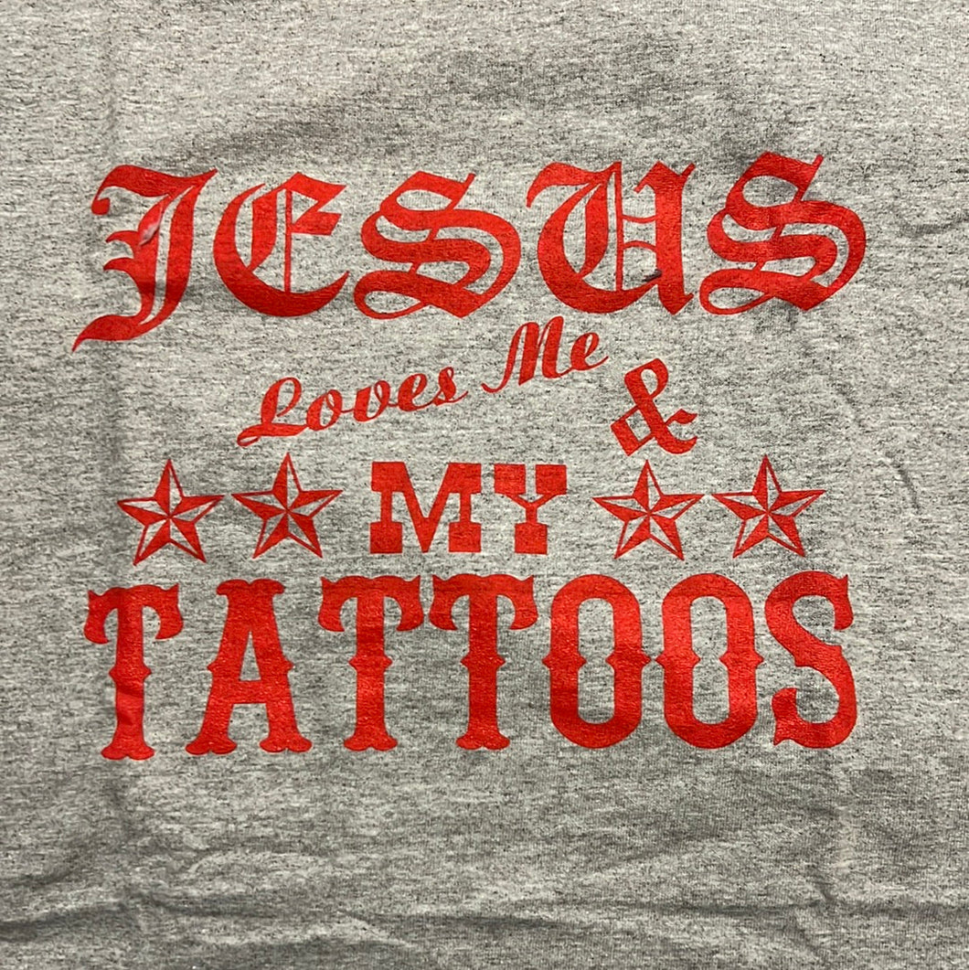 Jesus Loves Me and My Tattoos (T-Shirt) Gray